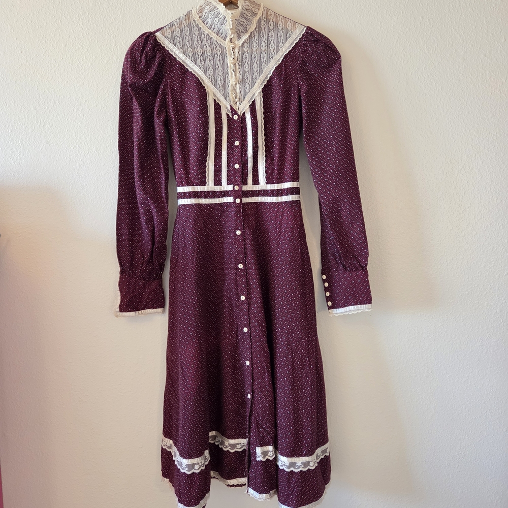 Vintage Gunne Sax Burgundy Long Sleeve Dress with Lace